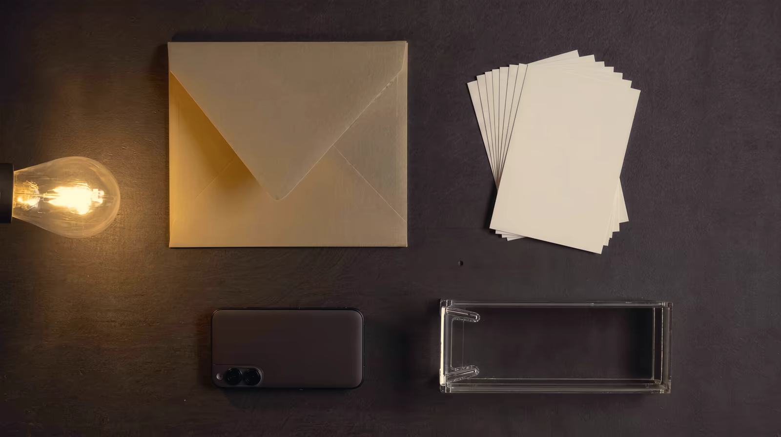 Preview packet, blank card tile, prints and a phone arranged in a strict grid under one warm lamp
