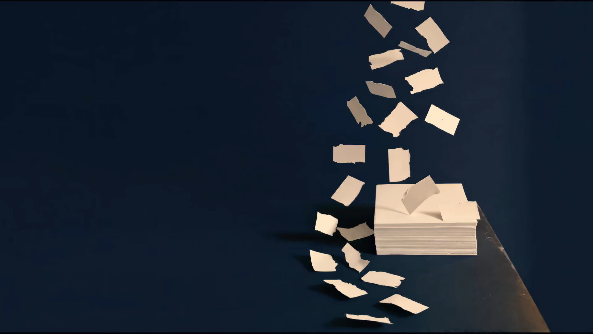 Blank paper work orders drifting down onto one squared stack under a single warm lamp